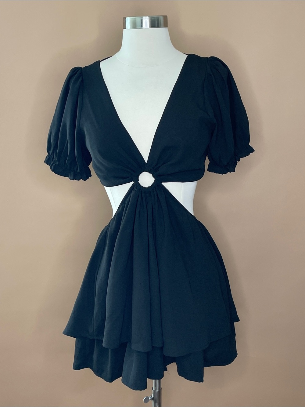 Fashion Nova Black Cutout Romper Puff Sleeve Open Back Medium